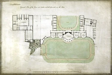 Brighthelmstone, of Brighton Pavilion - algemeen plan van huis en stallen met gronden, toont uitbreiding door architect Henry Holland (1745-1806), ca. 1801