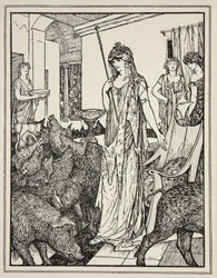 Circe stuurt de zwijnen (De metgezellen van Ulysses) naar de stallen, frontispice uit 