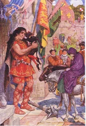 Flibbertibbet verkleed als duivel kalmeert de reus wanneer Wayland Amy naar Kenilworth Castle brengt, illustratie uit Kenilworth, ca. 1910