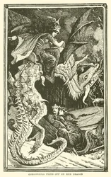 Gorgonzola vliegt weg op haar draak (gravure)