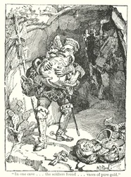 "In een grot. Vonden de soldaten. Vazen van puur goud" (litho)