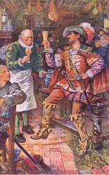 Michael Lambourne drinkt met de herbergier van de Zwarte Beer, illustratie uit Kenilworth, ca. 1910