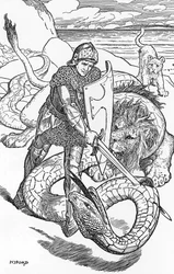Percival vecht tegen de slang Illustratie door HJ Ford (1860-1940) uit “Het boek der romantiek” 1902 Privécollectie