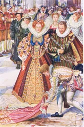 Walter Raleigh offert zijn mantel op voor koningin Elizabeth, illustratie uit Kenilworth, ca. 1910