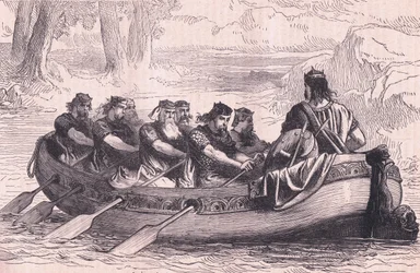 Edgar de Vredelievende wordt geroeid over de Dee door acht onderdanige prinsen AD 956