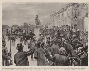 De Franse presidentsverkiezingen, M Loubet verlaat Versailles na te zijn gekozen tot president