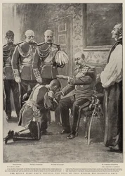 De Eerste Geheime Raad van de Koning, de Hertog van York kust de hand van Zijne Majesteit