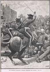 Het Peterloo Bloedbad met de Huzaren die de mensen aanvallen, illustratie uit Cassell