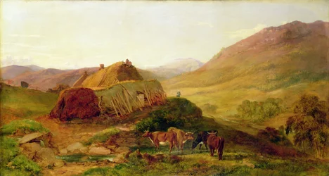 Avond: Cottages on the Braeside near Castletown, Braemar, ca.1860 (olieverf op doek)