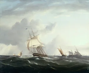 Een fregat, een peddelstoomboot en Nederlandse kleine vaartuigen in de Downs