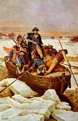 George Washington steekt de Delaware rivier over, 25 december 1776. Een incident in de Revolutionaire Oorlog 1775-1783 (Amerikaanse Onafhankelijkheidsoorlog) toen George Washington (1732-1799) opperbevelhebber van het Amerikaanse leger was. Illustratie c19