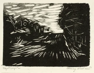 Brede weg, huizen, bomen