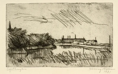 Landschap met waterloop en huizen