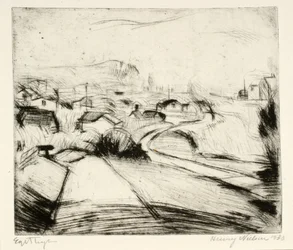 Landschap met weg en huizen