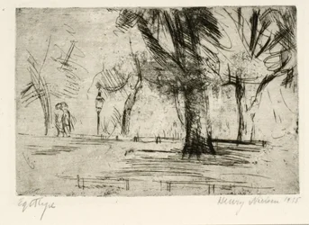 Park met twee wandelaars en lantaarn