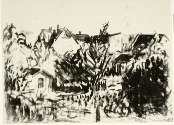 Uitzicht over tuinen en huizen