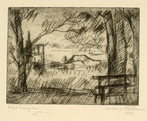 Uitzicht over water vanaf een beschaduwde pad met een bankje