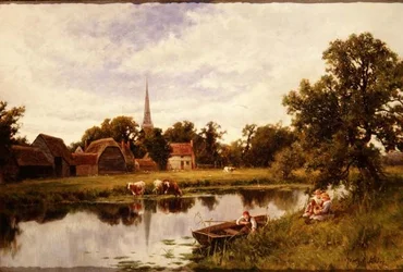 Landschap met boerderij en vee