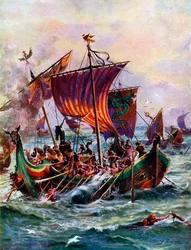 Alfreds galeien vallen het Vikings drakenschip aan, 897 n.Chr., ca. 1920