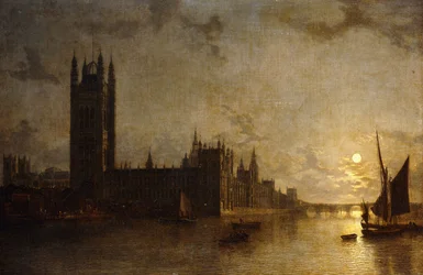 Westminster Abbey, de huizen van het parlement met de bouw van de Westminster Bridge, 1859