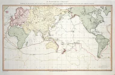 Algemene kaart met de ontdekkingen van kapitein James Cook in deze en zijn twee voorgaande reizen met de routes van de schepen onder zijn bevel. Door luitenant Roberts van de Koninklijke Marine