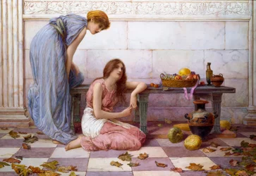 "Bloemen en fruit" Gedrapeerde vrouwen met melancholieke uitdrukkingen op de binnenplaats van een antieke villa. Schilderij van Henry Ryland (1856-1924)