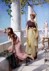 "Jonge vrouwen die de horizon aftasten vanaf hun terras in antieke stijl. Schilderij van Henry Ryland (1856-1924) 1910 Privécollectie