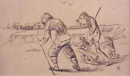 Golfers op weg naar de oefening op het strand, illustratie uit 