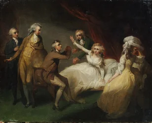 Camilla herstelt van haar flauwte, illustratie van een scène uit 