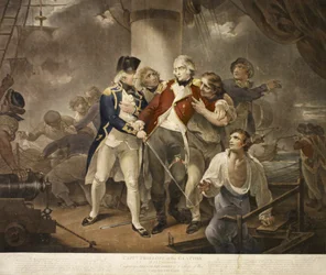 Kapitein Trollope in de Glatton van 54 carronades in gevecht met een Frans squadron van 8 oorlogsschepen met 230 kanonnen, gegraveerd door James Daniell, 1797