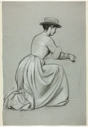 Knielende vrouw met strohoed