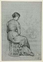 Vrouw zittend op een tabouret