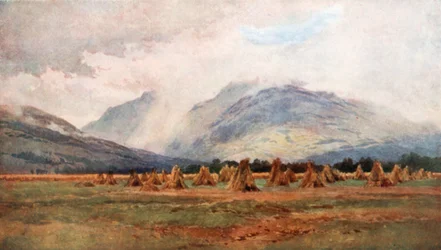 Natte oogsttijd bij Dalmally, Argyllshire (kleurenlitho)
