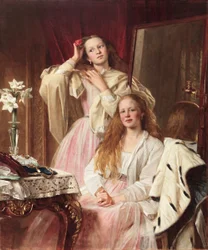 Portret van Emma en Frederica Bankes van Soughton Hall aan hun kaptafel, 1869