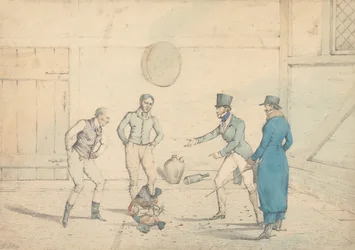 Een hanengevecht gadegeslagen door vier mannen in een bijgebouw: Het gevecht, gegraveerd als plaat 39 in "The National Sports of Great Britain"