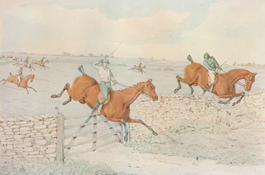 Een Steeplechase: Een klap tegen een stenen omheining. 5 tegen 4 op wit, 1827