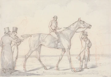 ‘Scraps’, nr. 15: renpaard met jockey in het zadel, twee mannen bespreken het paard