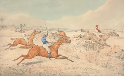 Steeplechase: vier ruiters nemen een sloot en een oxer