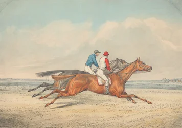 Twee jockeys galopperen nek aan nek naar rechts
