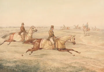 Twee ruiters die paarden in galop trainen