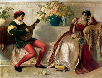 "Een jonge muzikant speelt voor een dame, rijk gekleed in fluweel, een waaier van pauwenveren in haar hand, ze leunt op een muilezel. Schilderij van Henry Thomas Schaefer (1845-1915) 1877 Privécollectie