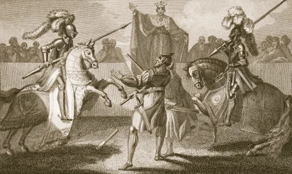 Richard II onderbreekt het duel tussen Hereford en Norfolk, illustratie uit David Hume