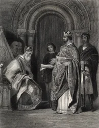 Hendrik II presenteert de Pauselijke Bul aan de Aartsbisschop van Cashel, gegraveerd door G. Greatbach