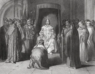 Koning Richard II die de koningen van Connaught, Ulster, Thomond en Leinster in 1394 tot ridder slaat, 
