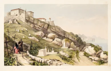 Begraafplaats van Britse officieren op de kasteelheuvel van San Sebastián, uit „Schetsen van landschappen in de Baskische provincies van Spanje, met een selectie nationale muziek”, gepubliceerd in 1838