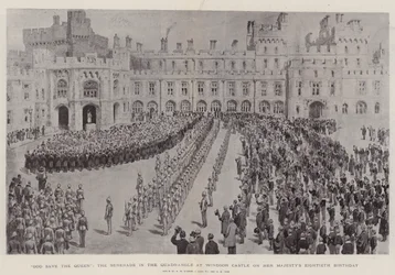 God save the Queen, de serenade in de binnenplaats van Windsor Castle op de tachtigste verjaardag van Hare Majesteit