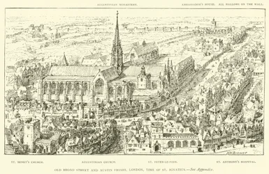 Old Broad Street en Austin Friars, Londen, tijd van St. Ignatius (gravure)