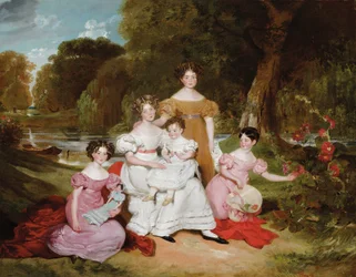 Groepsportret van de familie Ward Hunt in een landschap voor een rivier