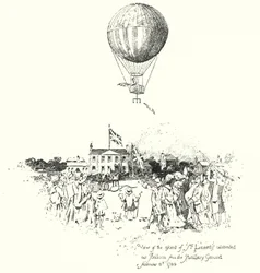 Uitzicht op de opstijging van de beroemde luchtballon van Mr. Lunardi, vanaf het Artillery Ground