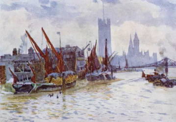 Hooischepen bij de Horseferry in Westminster